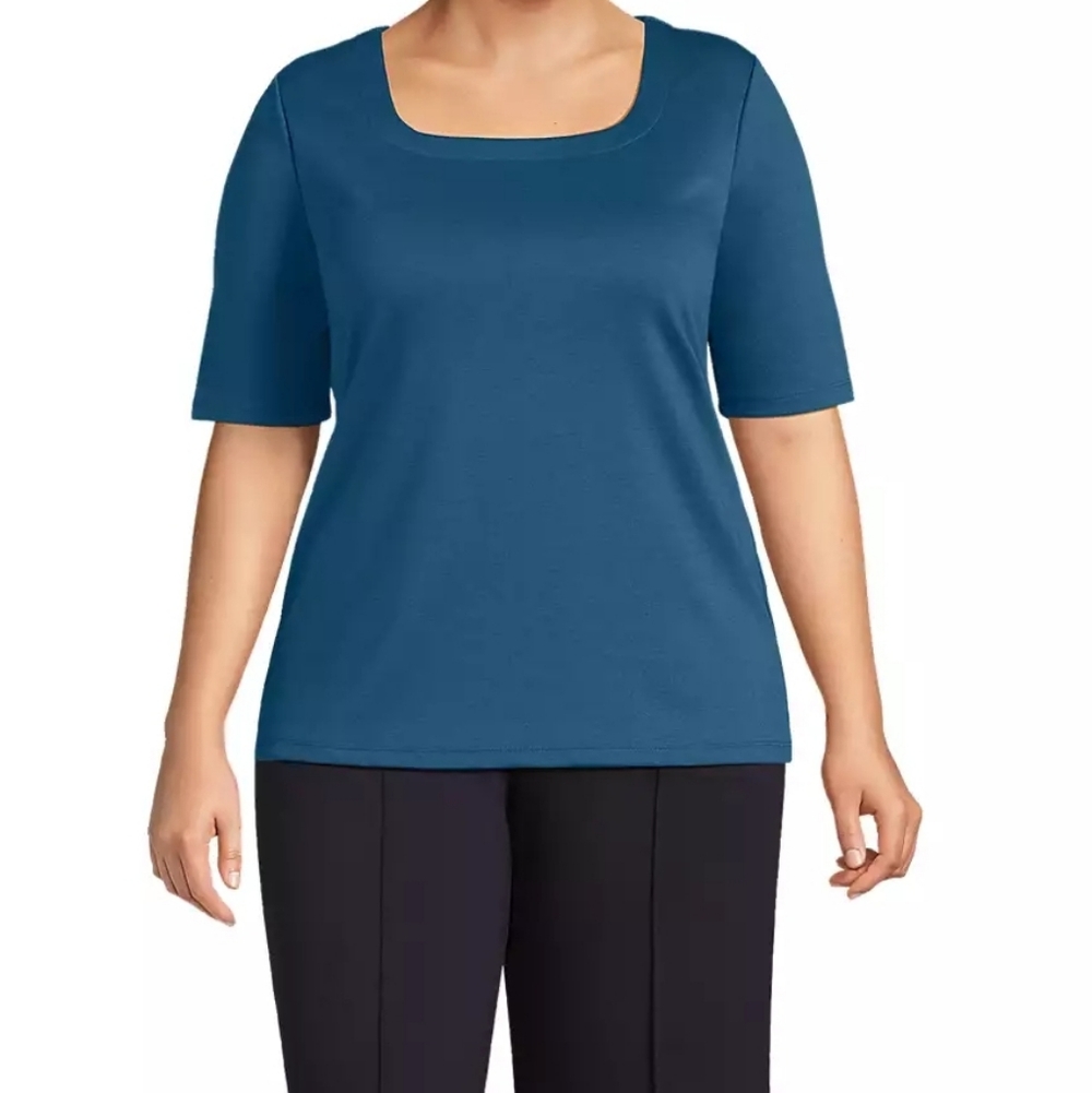 Lands' End Plus Size 2X Teal Square Neck Tee Stretchy Elbow Sleeve Ponte Casual